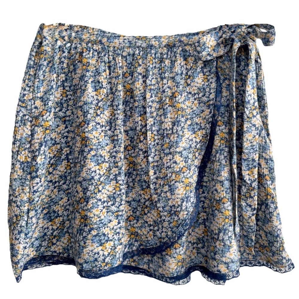 American Eagle Floral Wrap Mini Skirt Blue Ditsy Tie Waist Crinkle M